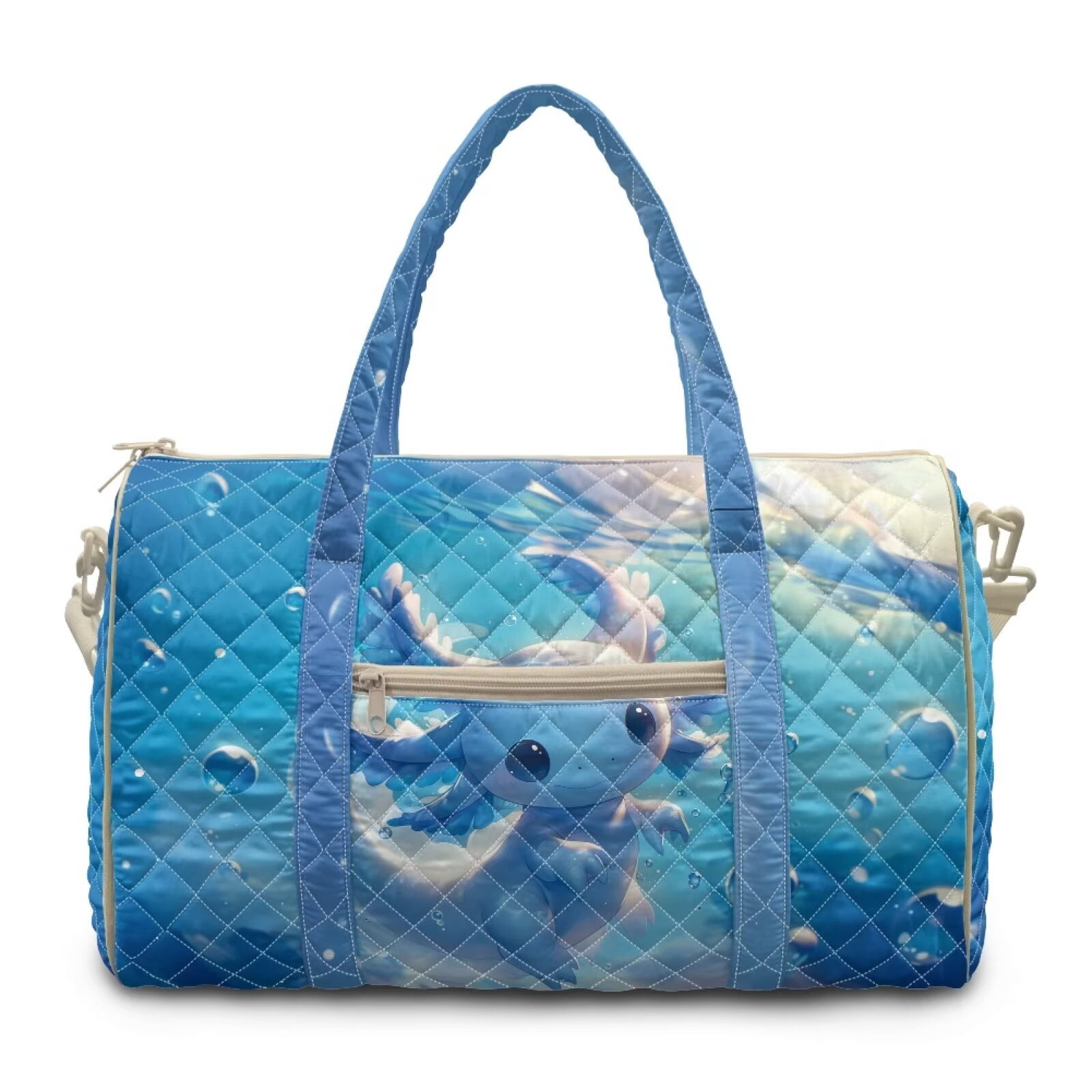 Garronmavis Cute Blue Axolotl Print Large Quilted Duffle Bag for Women, Weekender Travel Bag Carry On Tote Overnight Gym Dance Bag with Zipper Pockets