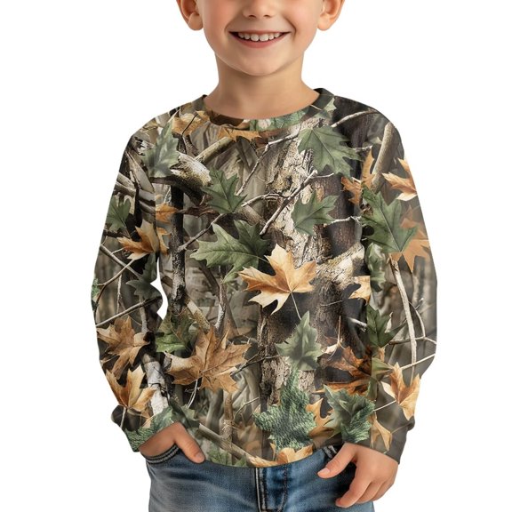 Garronmavis Cute Camo Forest Boys Long Sleeve T-Shirts 13-14 Stylish Long Sleeve Crewneck T-Shirts Tee Tops Fashion Casual Crewneck Loose Fit Tee Tops for Outdoor Activities