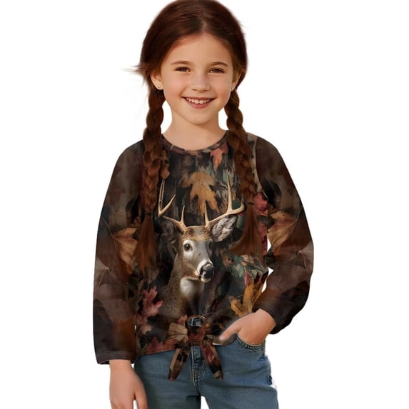 Garronmavis Cute Camo Girls Long Sleeve T-Shirts 5-6 Warm Deer Tie Hem Front Clothing Tops Comfortable Kids Fall Tops Crewneck Basic Tees Fashion Girls Long Sleeve Crew Neck Top