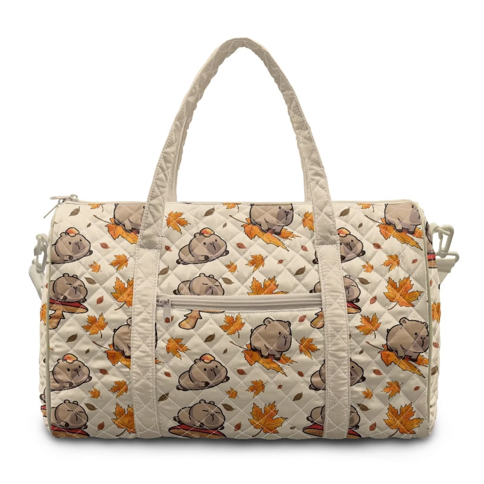 Garronmavis Cute Capybara Maple Leaf Print Large Quilted Duffle Bag for Women, Weekender Travel Bag Carry On Tote Gym Overnight Bag with Luggage Sleeve