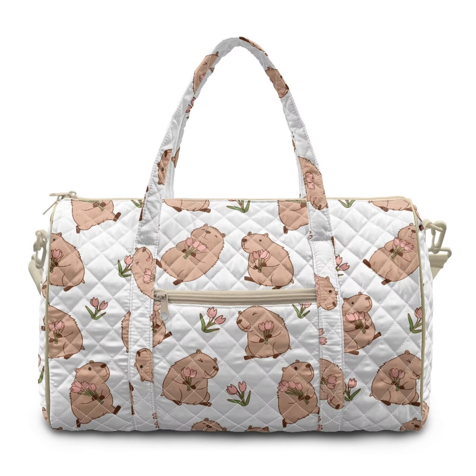 Garronmavis Cute Capybara Print Large Quilted Duffle Bag for Women, Weekender Travel Overnight Gym Carry On Tote Bag with Luggage Sleeve for Work Dance Trips