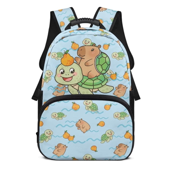 Garronmavis Cute Capybara Turtle Print 17-inch Kids School Backpack, Large Capacity Bookbag with Adjustable Shoulder Straps, Suitable for Boys Girls Daily School Travel Back-to-School Gifting
