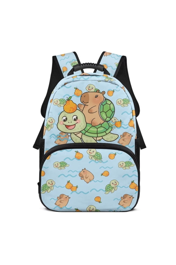Cute Capybara Turtle Print 17-inch Kids School Backpack, Large Capacity Bookbag with Adjustable Shoulder Straps, Suitable for Boys Girls Daily School Travel Back-to-School Gifting