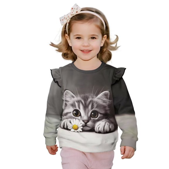 Garronmavis Cute Cat Long Sleeve Sweatshirt Versatile Casual Long Sleeve Fall Winter Tops Fashion Girls Pullover Crewneck Sweatshirt Polyester Spandex Fabric for Girls 2-3 Years Old