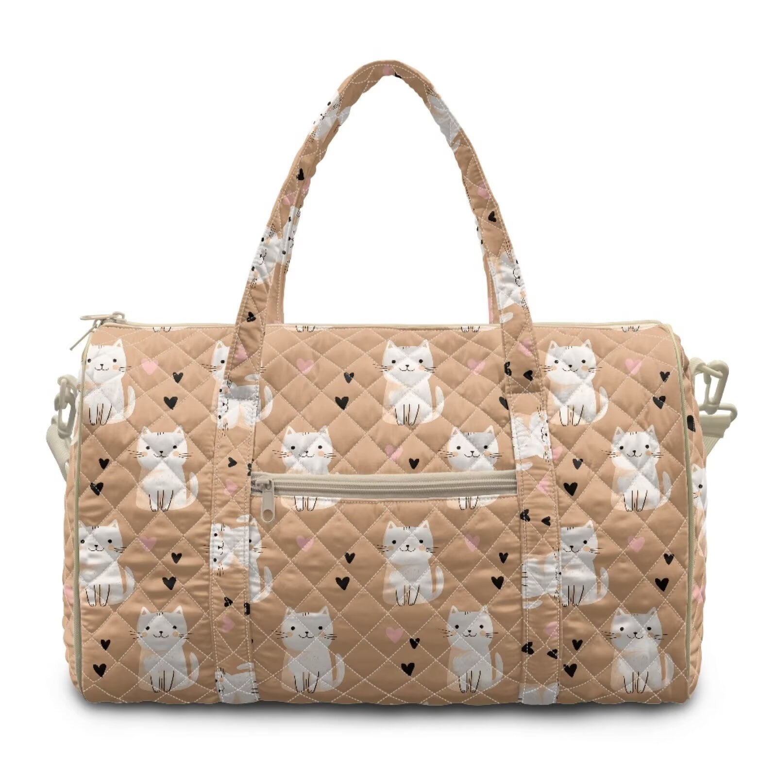 Garronmavis Cute Cat Print Large Quilted Duffle Bag for Women, Weekender Travel Overnight Gym Dance Carry On Tote Bag with Luggage Sleeve, Lightweight Puffer Shoulder Bag for Work Trips