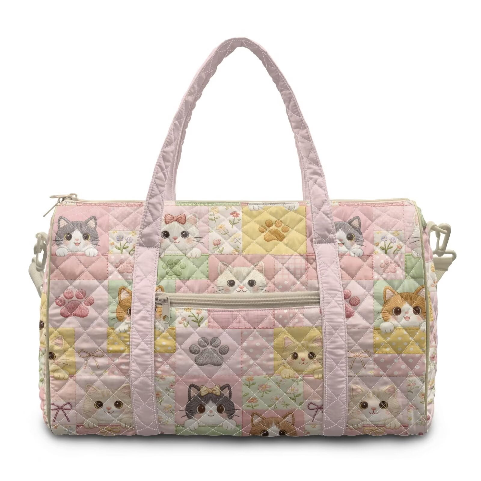 Garronmavis Cute Cat Print Large Quilted Duffle Bag for Women, Lightweight Weekender Travel Overnight Gym Dance Carry On Tote Bag with Luggage Sleeve