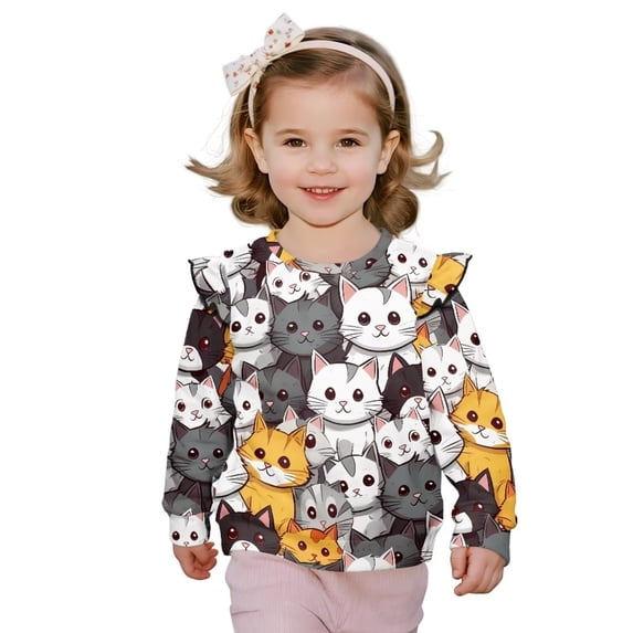 Garronmavis Cute Cats Long Sleeve Sweatshirt Soft Pullover Crewneck Long Sleeve Shirt Stylish Fall Winter Clothes Washable Toddler Girl Sweatshirt Clothes Outfit for Girls Aged 5-6