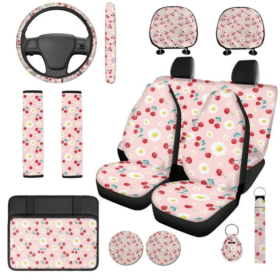 Garronmavis Cute Cherry 14 Pack Car Seat Covers Set with Car Steering Wheel Cover Headrest Protector Auto Armrest Cover and Seat Belt Covers Easy to Install Universal Fit for Cars SUV