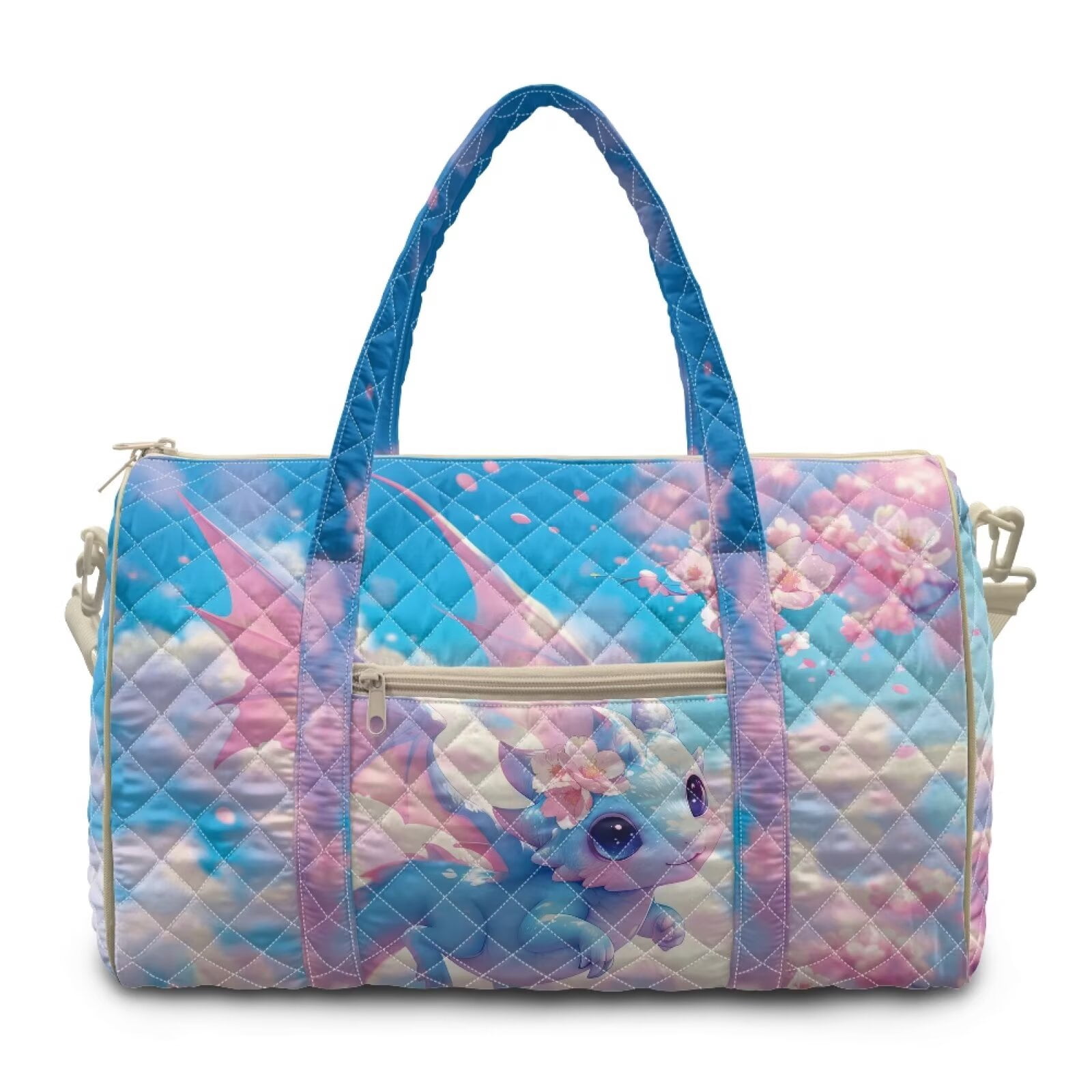 Garronmavis Cute Cherry Blossom Dragon Print Large Quilted Duffle Bag for Women, Weekender Travel Bag Carry On Bag for Gym, Dance, Overnight Trips