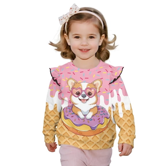 Garronmavis Cute Corgi Long Sleeve Pullover Soft Doughnut Girls Pullover Crewneck Sweatshirt Loose Ruffle Long Sleeve Girls Top Fashion Girl's Graphic Shirts Top Versatile for Cooler Days