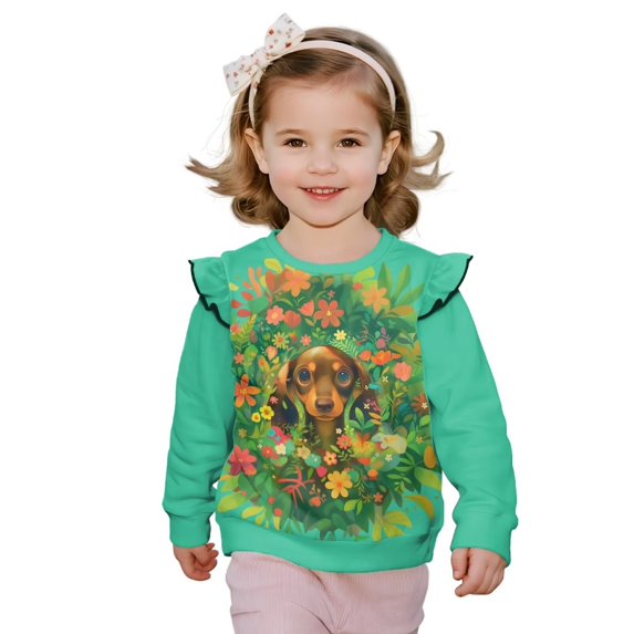 Garronmavis Cute Dog Long Sleeve Sweatshirt Polyester Spandex Fabric Flowers Pullover Drop Shoulder Sweater 2T Warm Girls Crewneck Sweatshirt Ruffle Toddler Girl Clothes for Daily Life