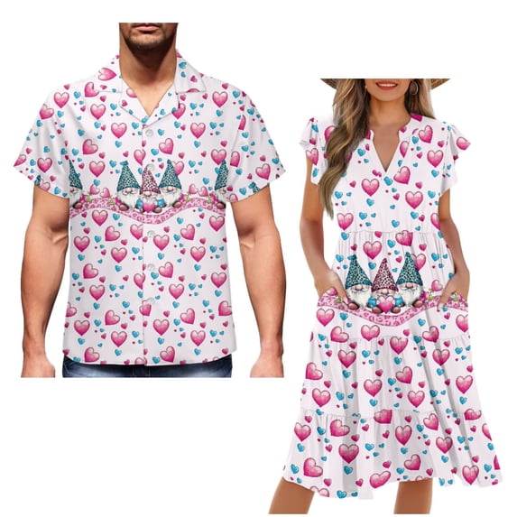 Garronmavis Cute Dwarf Matching Couple Outfits Valentine's Day Husban and Wife Clothing Fashion Men's Short Sleeve Beach Shirt Size XS and Midi Dress V-neck Hawaiian Dresses with Pocket