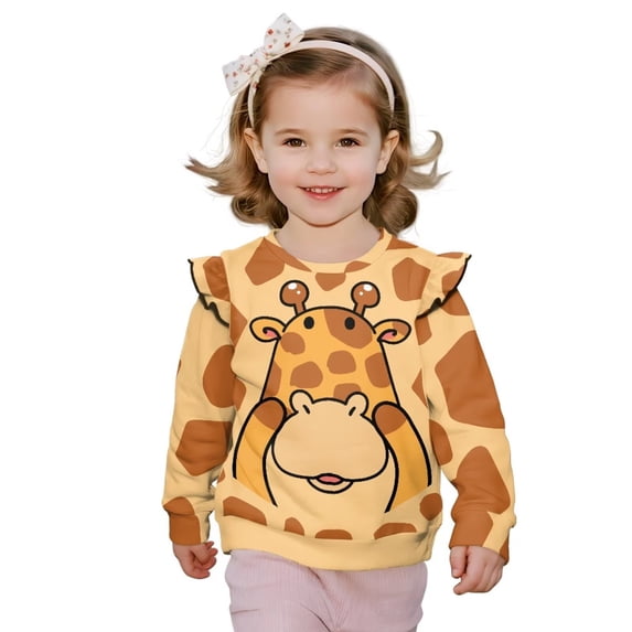 Garronmavis Cute Giraffe Long Sleeve Pullover Casual Pullover Drop Shoulder Sweater Top Stylish Toddler Girl Sweatshirt Clothes Outfit Polyester Spandex Fabric for Girls 5-6 Years Old