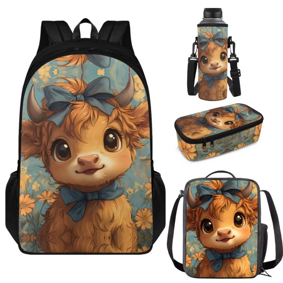 Garronmavis Cute Highland Cow Kids Backpacks Sets 6-8 8-10 Middle School Bag for Girls Backpack with Lunch Bag Pencil Case Water Bottle Holder for School Supplies Crossbody Lunch Tote