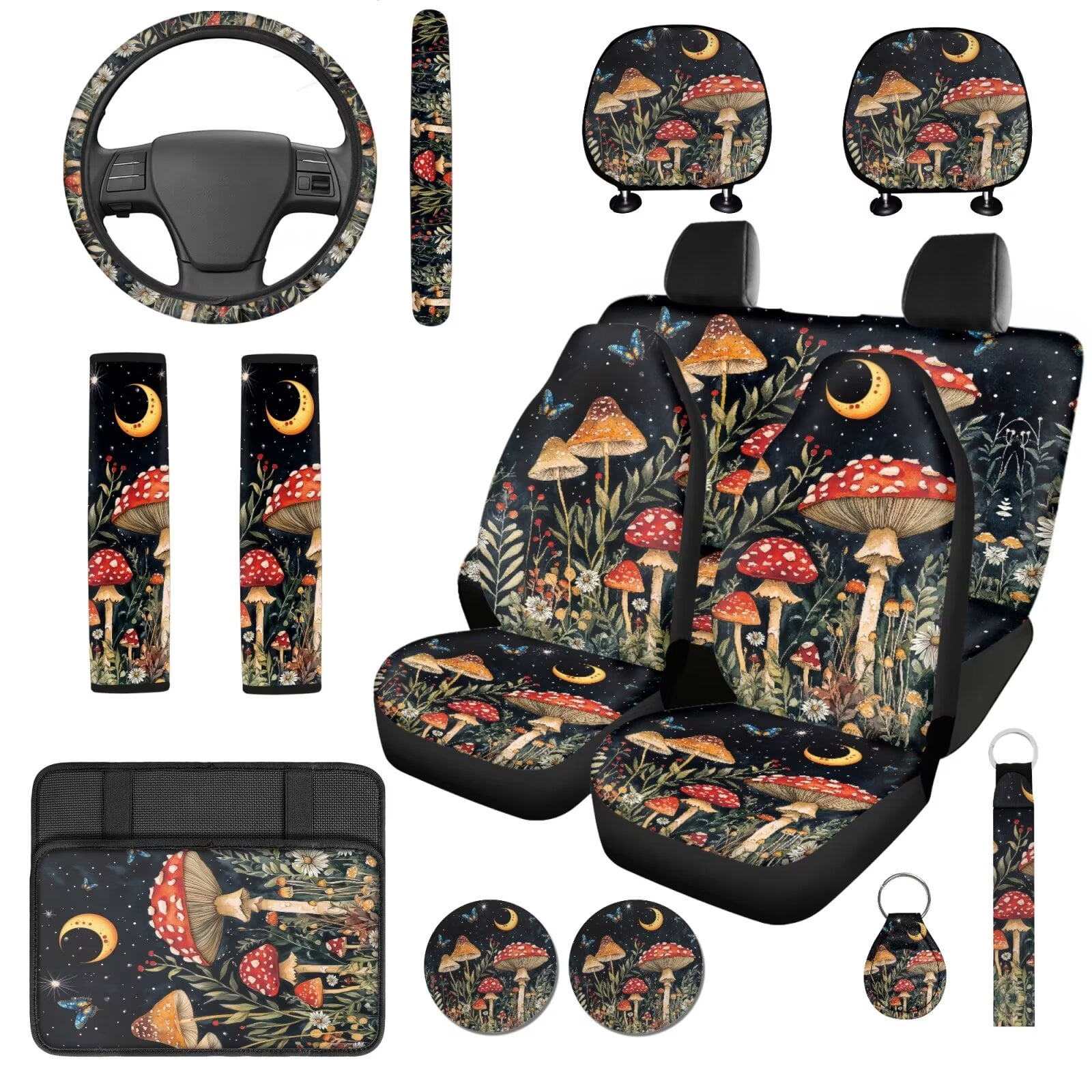 Garronmavis Cute Mushroom 14 Pcs Car Accessories Full Set with Car Head Rest Cover Steering Wheel Protector Armrest Cover and Seat Belt Covers Full Coverage Universal Fit for Auto Cars SUV
