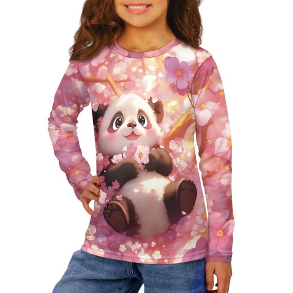 Garronmavis Cute Panda Girls Long Sleeve T-Shirts Size 7-8 Versatile Cherry Blossom Kids Basic Soft Long Sleeve Tees Top Stylish Kids Crewneck T-Shirts Fall Tops for Young Girls