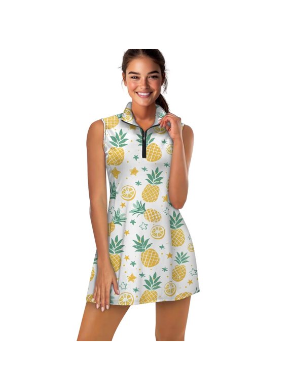 Cute Pineapple Golf Dress with Collar for Women Size XL Half-Zip V-Neck Workout Tennis Dress Lightweight Sleeveless Workout Dresses Fruit Print Outfits