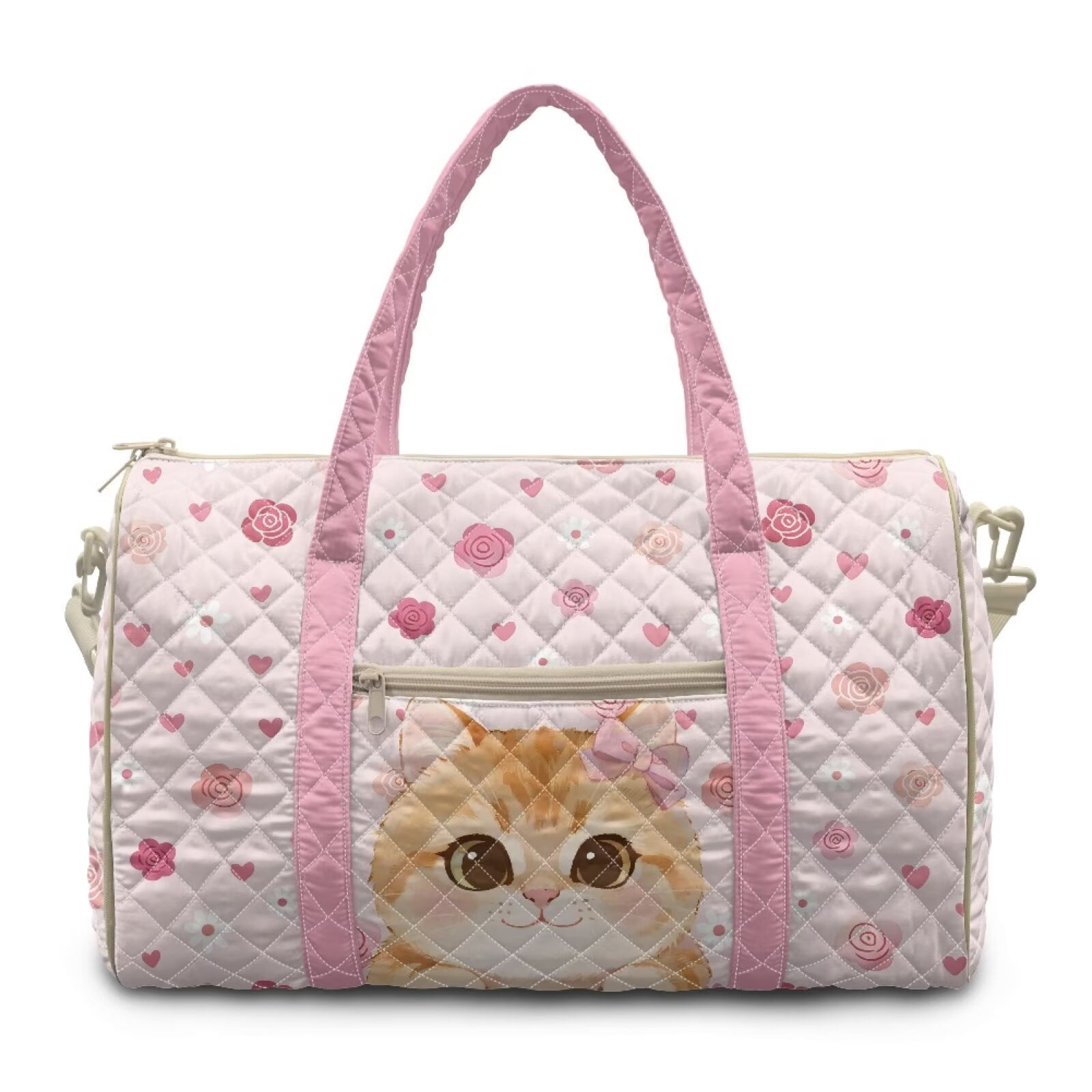 Garronmavis Cute Pink Cat Print Large Quilted Duffle Bag for Women, Weekender Travel Overnight Carry On Gym Dance Bag with Zipper Pockets for Travel, Work