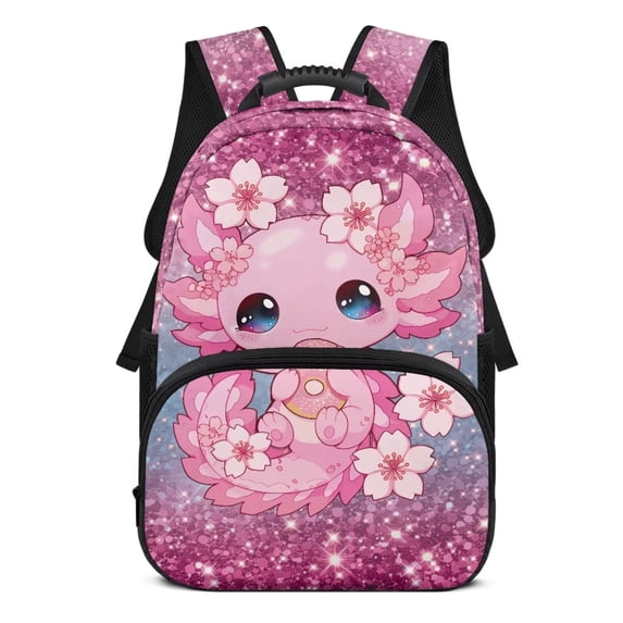 Garronmavis Cute Pink Cherry Blossom Axolotl 17-inch Large Capacity Kids School Backpack, Adjustable Comfortable Shoulder Straps Elementary Student Bookbag, for Boys Girls Daily School