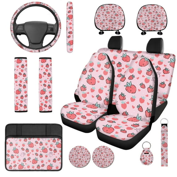 Garronmavis Cute Strawberry 14 Pack Car Seat Covers Full Set with Car Headrest Protector Steering Wheel Cover Armrest Cover Seat Belt Covers Key Ring and Cup Coaster Fit for Most Cars, SUV