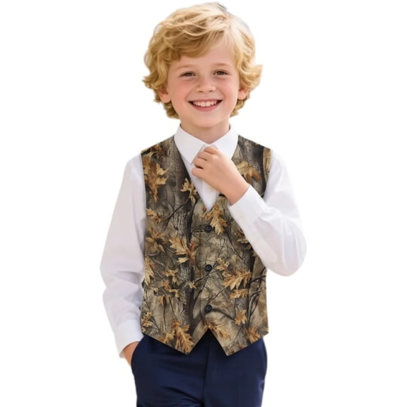 Garronmavis Cute Yellow Camo Boys Vest Size 13-14 Versatile Sleeveless Slim Fit Vests Outfit Lightweight Formal Waistcoat Vests with Pockets Stylish Boy's 3 Button Formal Suit Vest