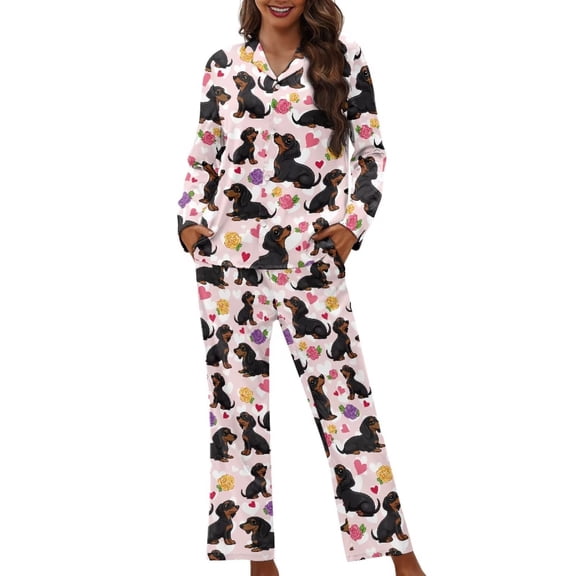 Garronmavis Dachshund Womens 2-Piece Pajamas Sets Long Sleeve Button-Down Warm Sleepwear Winter Nightwear Loungewear with Pocket, Pink