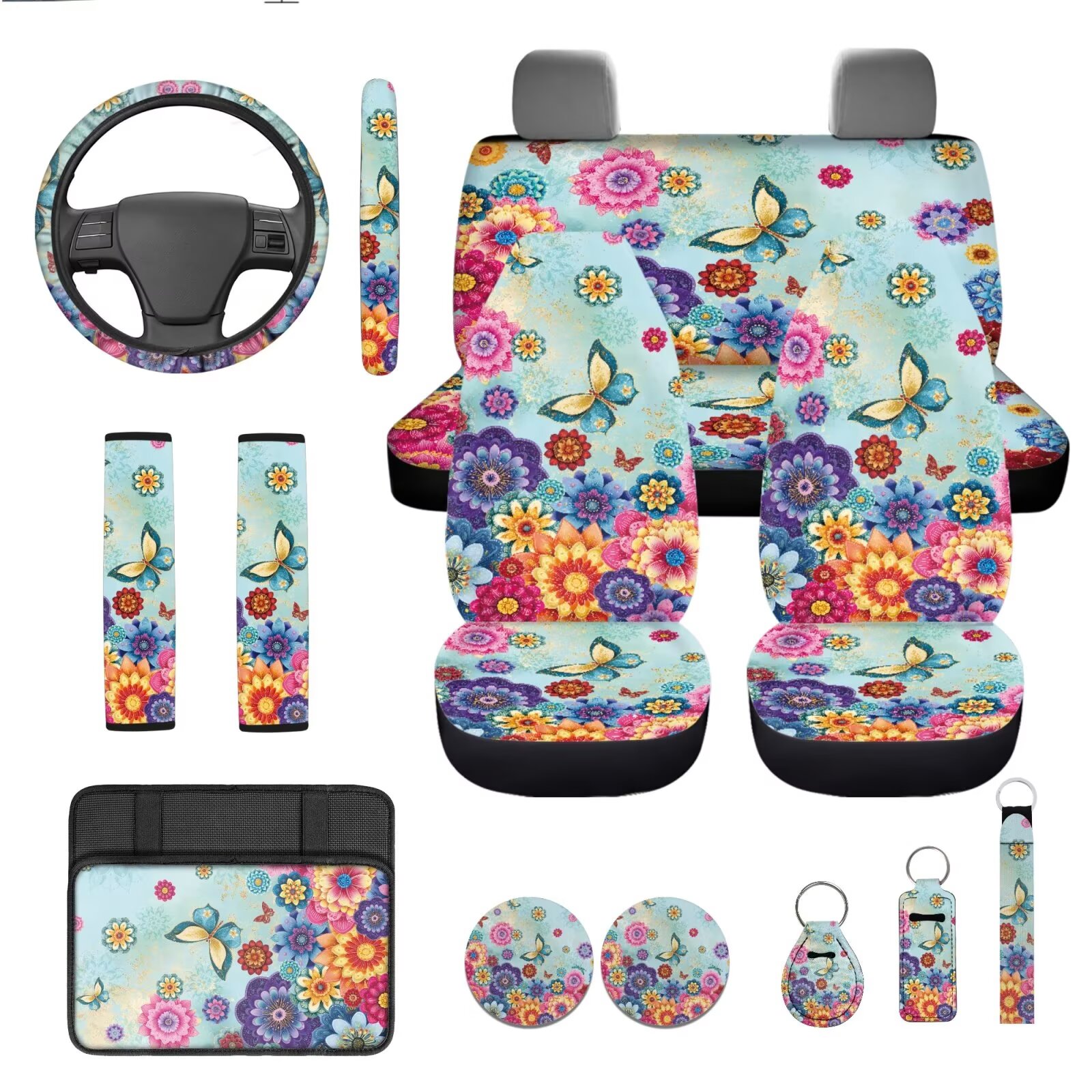 Garronmavis Dahlia Butterfly Fall Car Front Rear Bench Seat Protector Covers 13 Pieces Set, Seatbelt Pads, Steering Wheel Cover, Auto Coasters, Keychain, Key Ring Chapstick Holder,Console Cover