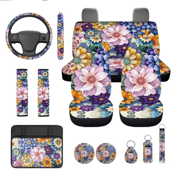 Garronmavis Dahlia Car Accessories 13 Packs Vehicle Bucket Seat Covers   Seat Belt Pads   Cup Mat Pad   Lip Gloss Tube Sleeve   Keychain   Steering Wheel Cover