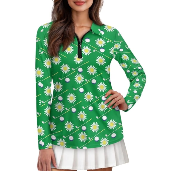 Garronmavis Daisy Floral Print Zip Golf Shirt for Women Size S Collar Long Sleeve Tennis Shirt for Women Workout Tops Casual Work