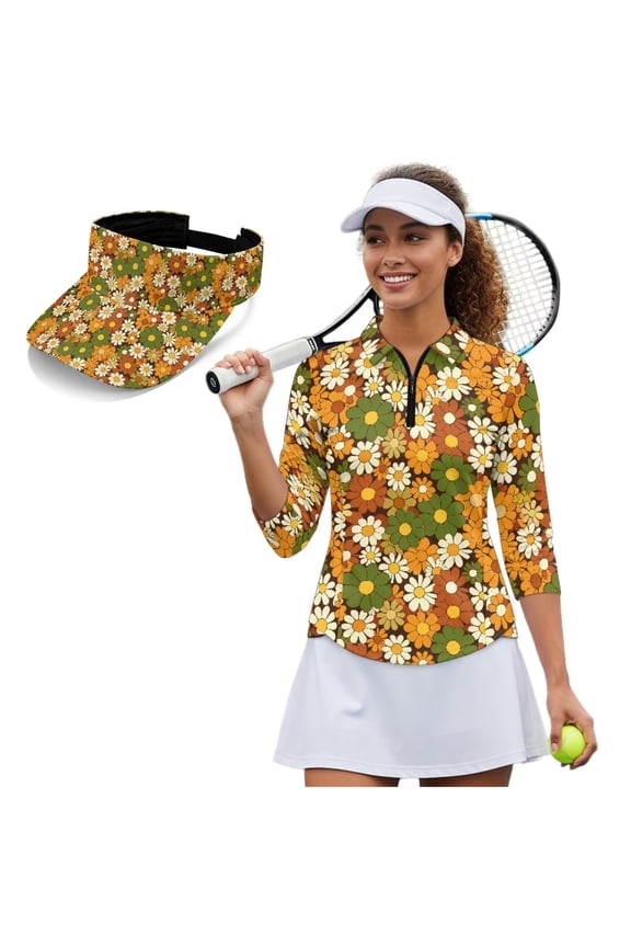 Daisy Flower Women's Golf Shirt and Sun Visor Hat Set Breathable Fabric 3/4 Sleeve Golf Shirts Moisture Wicking Adjustable UV Protection Sun Hat Cap for Tennis Enthusiasts