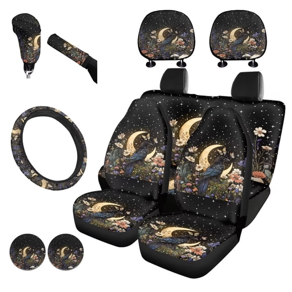 Garronmavis Dark Crow Moon Car Seat Covers Set Fit Van Truck Sedan, Interior Accessiores Full Set of 11 PCS Gear Shift Cover Steering Wheel Cover Handbrake Cover Headrest Cover Cup Coasters