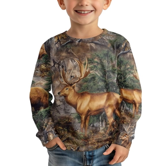 Garronmavis Deer Boys Long Sleeve T-Shirts 11-12 Loose Camo Forest Kids Crewneck T-Shirts Fall Tops Lightweight Casual Crewneck Loose Fit Tee Tops Soft Casual Crewneck Tees
