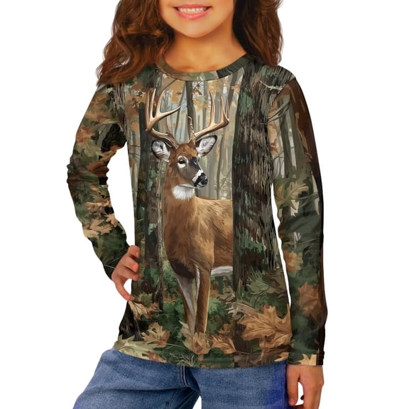 Garronmavis Deer Boys Long Sleeve T-Shirts Size 11-12 Versatile Camo Forest Kids Crewneck T-Shirts Fall Tops Stylish Kids Basic Soft Long Sleeve Tees Top for Outdoor Activities