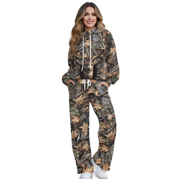 Garronmavis Deer Camo Sweat Set Jogger Sets for Women 2 Piece Sweatsuit Casual Long Sleeve Hoodie with Loose Wide Leg Sweatpants for Fall Spring Winter Travel Pants Tracksuits, Size XS