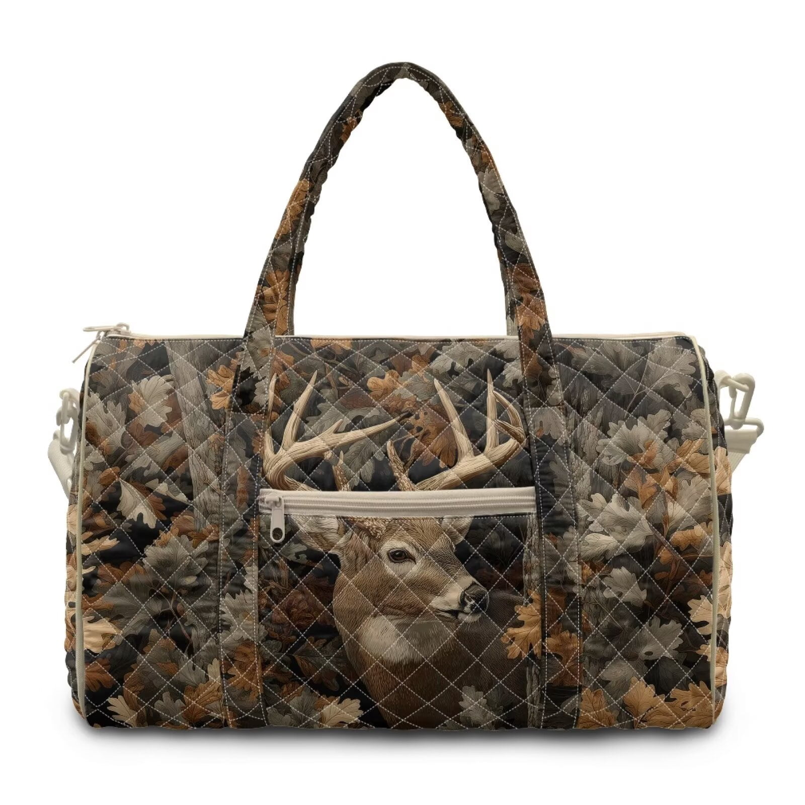 Garronmavis Deer Forest Print Large Quilted Duffle Bag for Women, Weekender Travel Bag Carry On Tote with Zipper Pockets, Gym Dance Overnight Bag with Luggage Sleeve