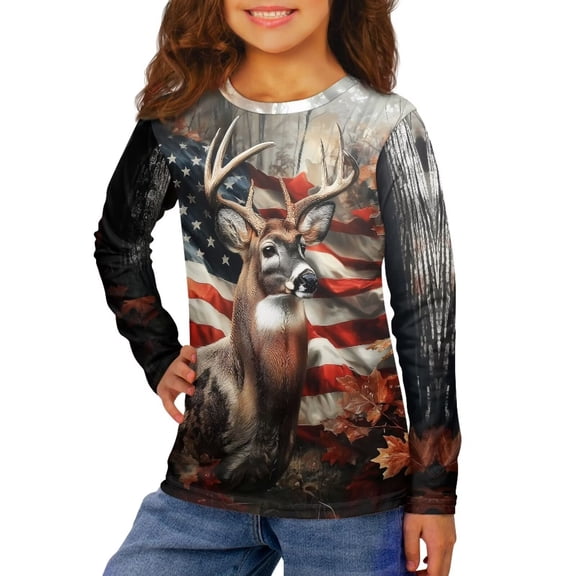 Garronmavis Deer Girls Long Sleeve T-Shirts 13-14 Lightweight Flag Kids Crewneck T-Shirts Fall Tops Comfortable Camo Forest Kids Basic Soft Long Sleeve Tees Top for Outdoor Activities