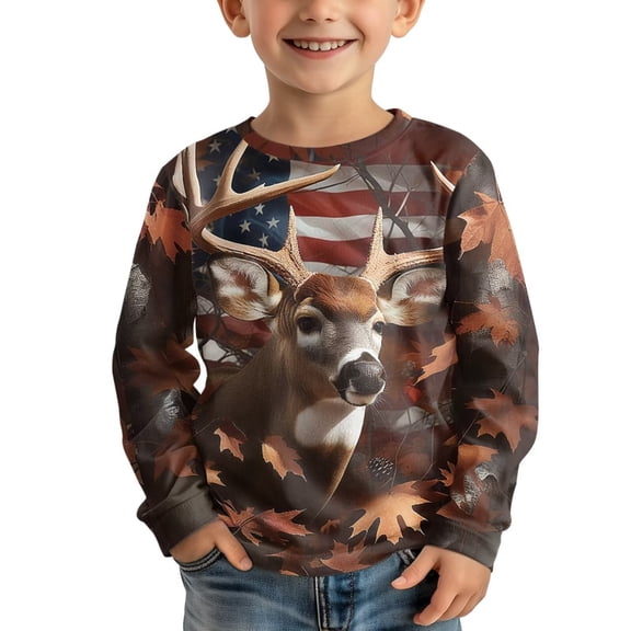 Garronmavis Deer Girls Long Sleeve T-Shirts Size 11-12 Soft Maple Leaves Casual Crewneck Loose Fit Tee Tops Warm Flag Long Sleeve Crewneck T-Shirts Tee Tops Fashion for Daily Life