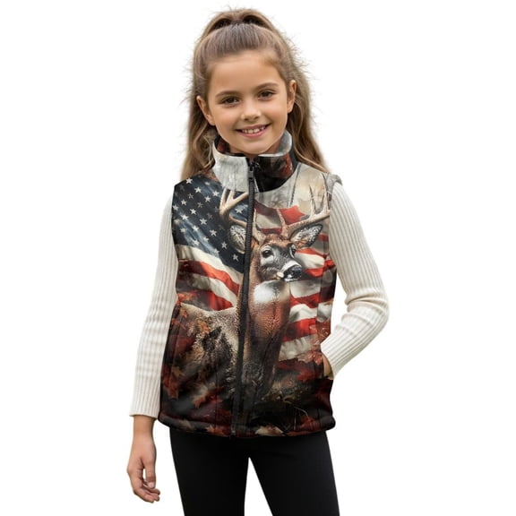 Garronmavis Deer Kids Zip Up Vest Size 9-10 Versatile Flag Boys Outerwear Vests Comfortable Sleeveless Jacket Full-Zip Fall Winter Warm Outerwear Stylish Fall Outfits Fashion Clothing