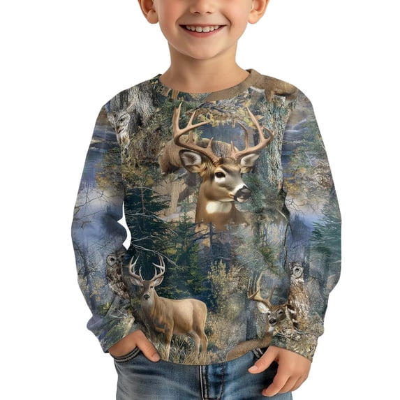 Garronmavis Deers Girls Long Sleeve T-Shirts Size 7-8 Comfortable Camo Forests Girls Basic Tees Blouses Stylish Kids Basic Soft Long Sleeve Tees Top Soft Fall Winter Clothes