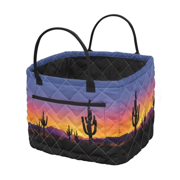 Garronmavis Desert Sunset Cactus Print Quilted Laundry Basket with Handles, Foldable Laundry Hamper Decorative Fabric Storage Hamper for Bedroom, Nursery, Bathroom, Dorm Use