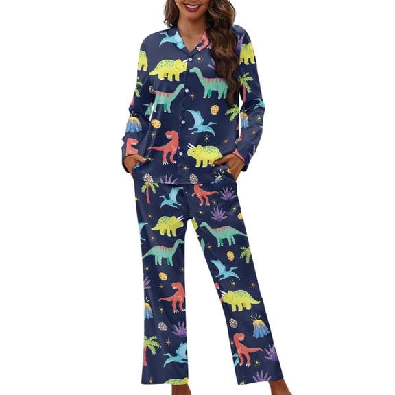Garronmavis Dinosaur Printing Women 2 Piece Pajama Set Button Down Long Sleeve Shirts and Pants Soft Sleepwear Comfy Loungewear Stylish Nightwear