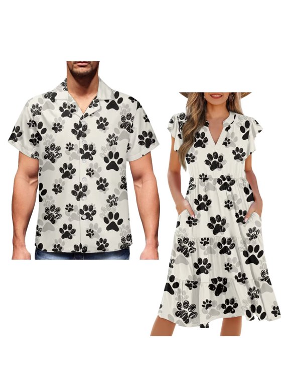 Dog Paw Print Matching Couple Outfits Husban and Wife Clothing Light Men's Short Sleeve Shirt Workwear and Womens Midi Dress Elegant Party Dresses Size M