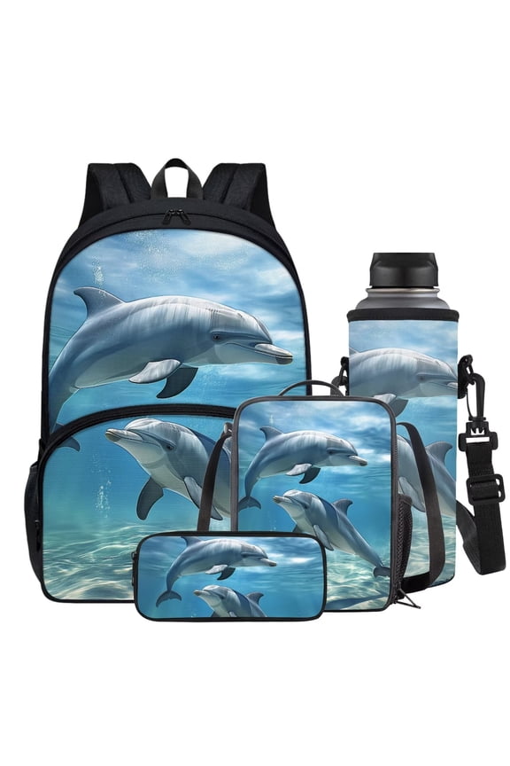 Dolphin Backpack for School Boys Book Bag with Pencil Box Water Holder Case Lunch Box Bag, Fashion Lightweight School Bag Set for Camping Sports(4-in-1)