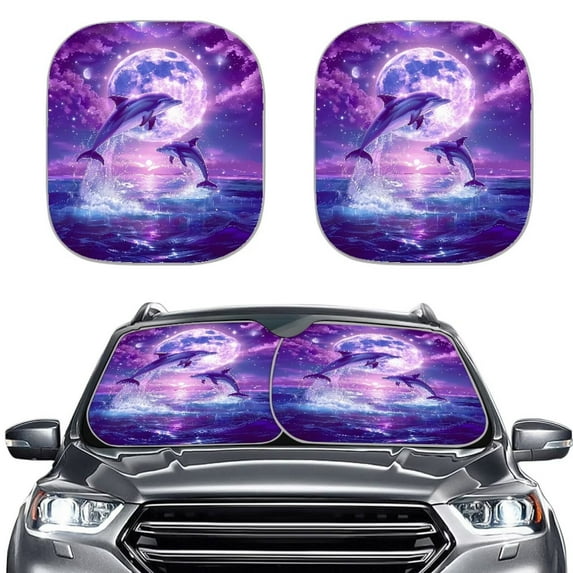Garronmavis Dolphin Moon Car Sun Shade 2pcs/set Windshield Sun Shade Foldable Car Sun Visor Sunlight Protector Universal Fit