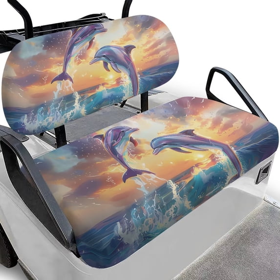Garronmavis Dolphin Print Breathable Golf Cart Seat Cover Set Easy to Install for Protection Smooth Polyester Splite Backrest Front Seat Cover Universal Interior Accessiores