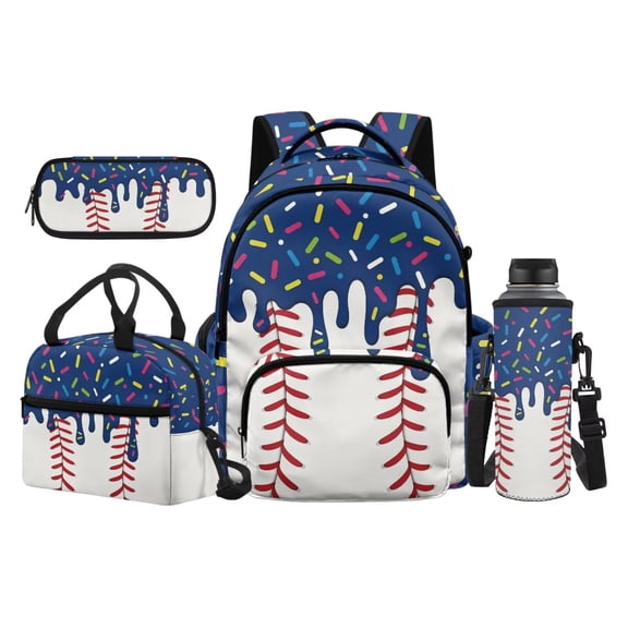 Garronmavis Drip Blue Baseball Printed Backpack Kit, 17 Inch Sport Kids School Bag Set with Insulated Lunch Container, Pencil Holder and Water Bottle Cover