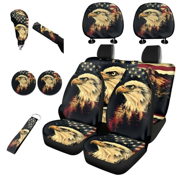 Garronmavis Eagle American Flag Car Seat Covers Full Set with Full Wrapping Edge Auto Headrest Cover Handbrake Gear Shift Knob Cover Auto Cup Coaster Wristlet Keychain Universal Fit Set