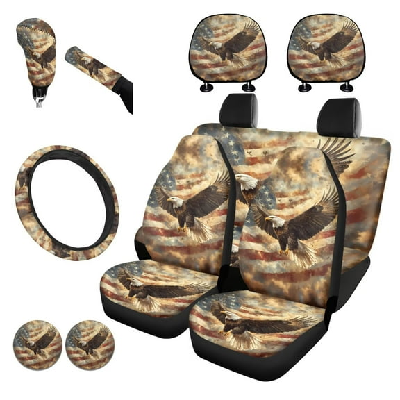 Garronmavis Eagle American Flag Car Seat Covers Full Set for Women Men Steering Wheel Wrap Gear Shift Cover Handbrake Sleeve Headrest Protectors Cup Coasters Air Breath in Summer