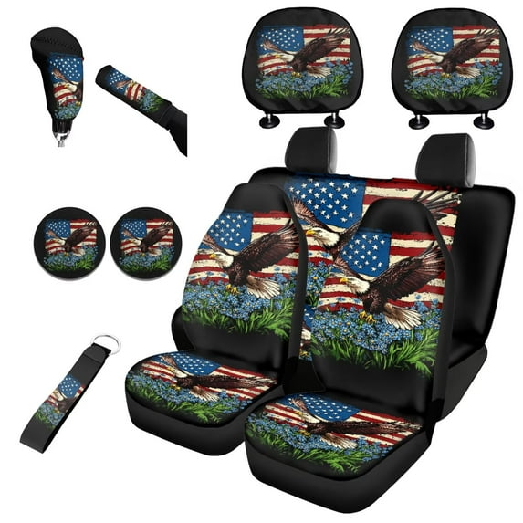 Garronmavis Eagle American Flag Car Seat Covers Set Breathable Air with Auto Headrest Cover+Handbrake Gear+Shift Knob Cover+Auto Cup Coaster+Wristlet Keychain Air Breath in Summer