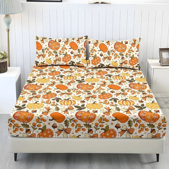 Garronmavis Fall Pumpkin Bow Print Twin Size Bedding Set, 2 Soft Decorative Pillow Shams & 1 Deep Pocket Fitted Sheet, Autumn Harvest Pattern Bed Cover for Kids, 137cm*193cm